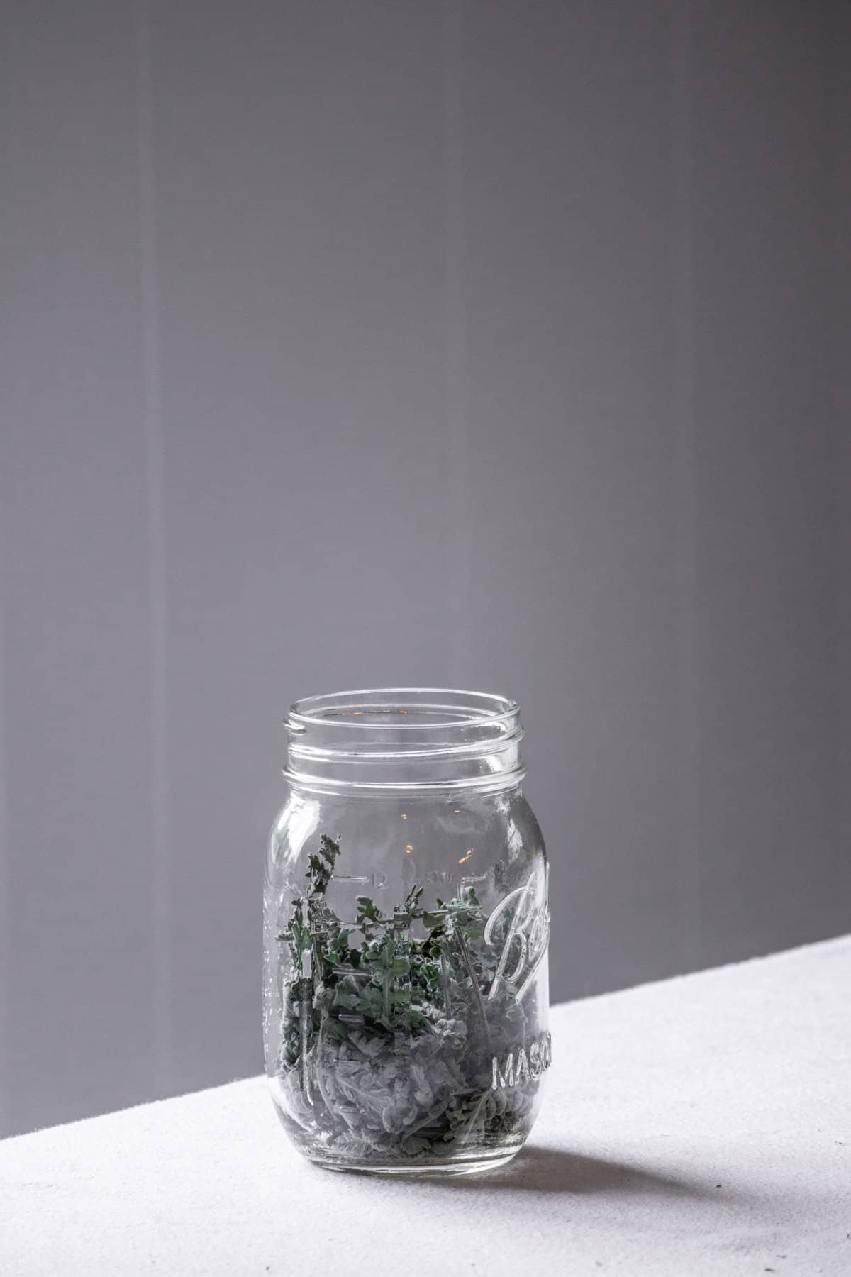 Jar filled with dried yarrow leaves