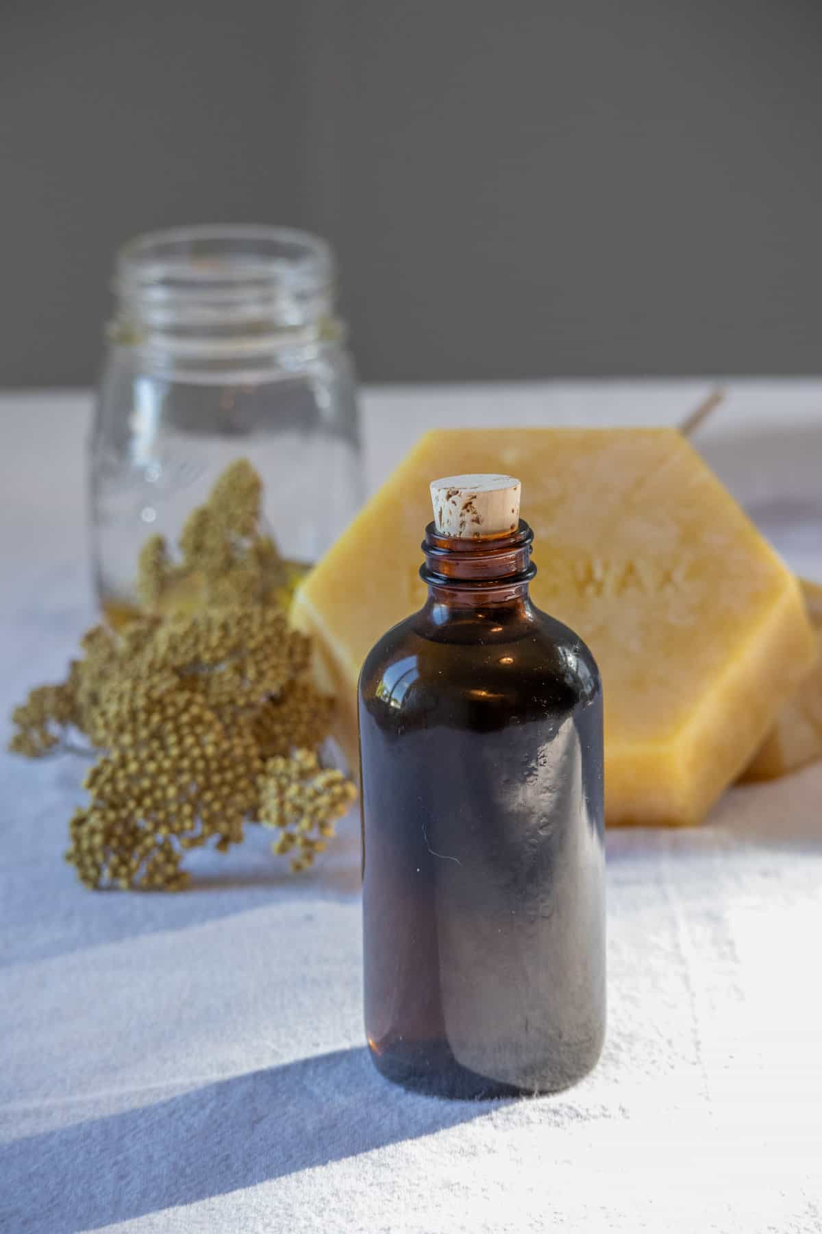An apothecary bottle of infused yarrow oil