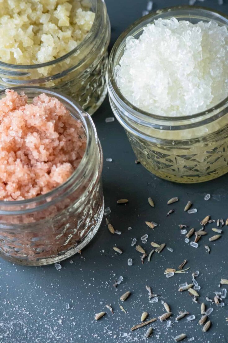 Salt scrubs with coconut oil, olive oil, and different types of salt