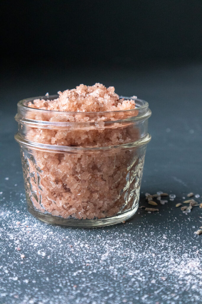 DIY salt scrub made with pink salt and sweet almond oil