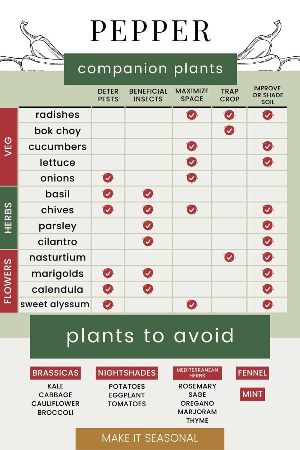 A pepper companion planting chart with the best vegetables, herbs, and flowers to plant with peppers, and plants to avoid